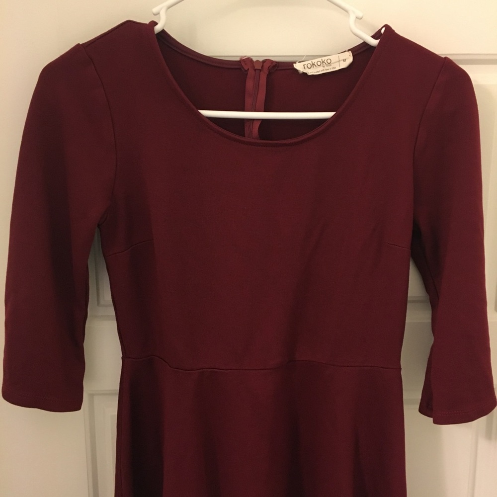 🔴 Rokoko Burgundy Mini Dress 3/4 Sleeve - Picture 2 of 4